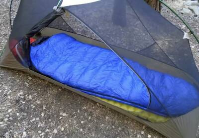 western mountaineering ultralite sleeping bag in tent